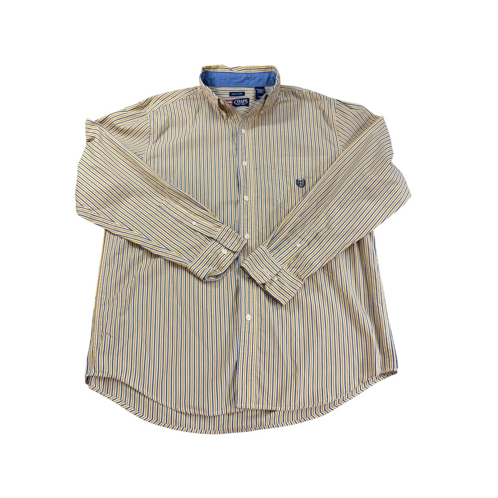 Chaps Mens Easy Care‎ Button Down Shirt Yellow Navy Blue Striped Long Sleeve L